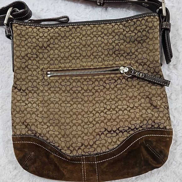Coach Beige Brown Logo Crossbody Bag Adjustable Strap Zip  Coach brown and tan purse crossbody bag with adjustable strap